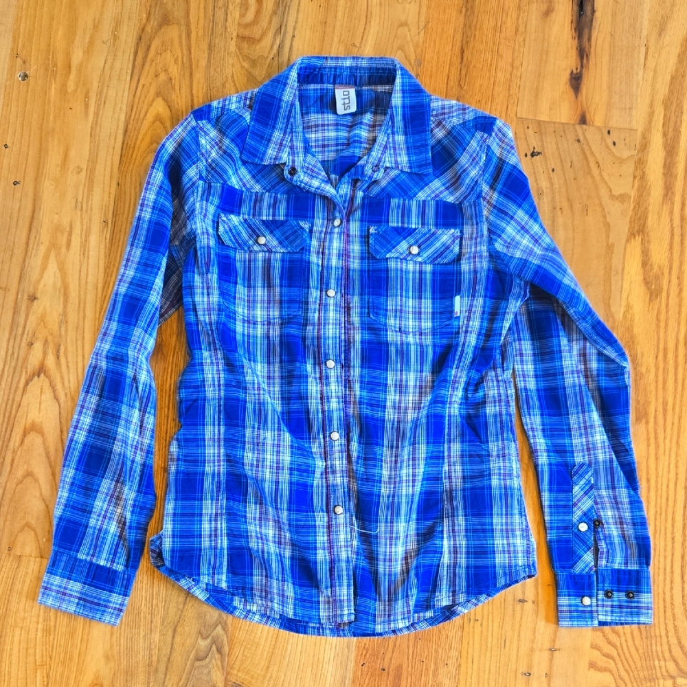 Stio Women's Pearl Snap Western Shirt Size Medium Blue Plaid